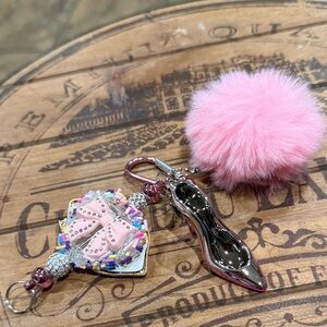 Pink Fluffy Pom Pom and Shoe Keychain Set